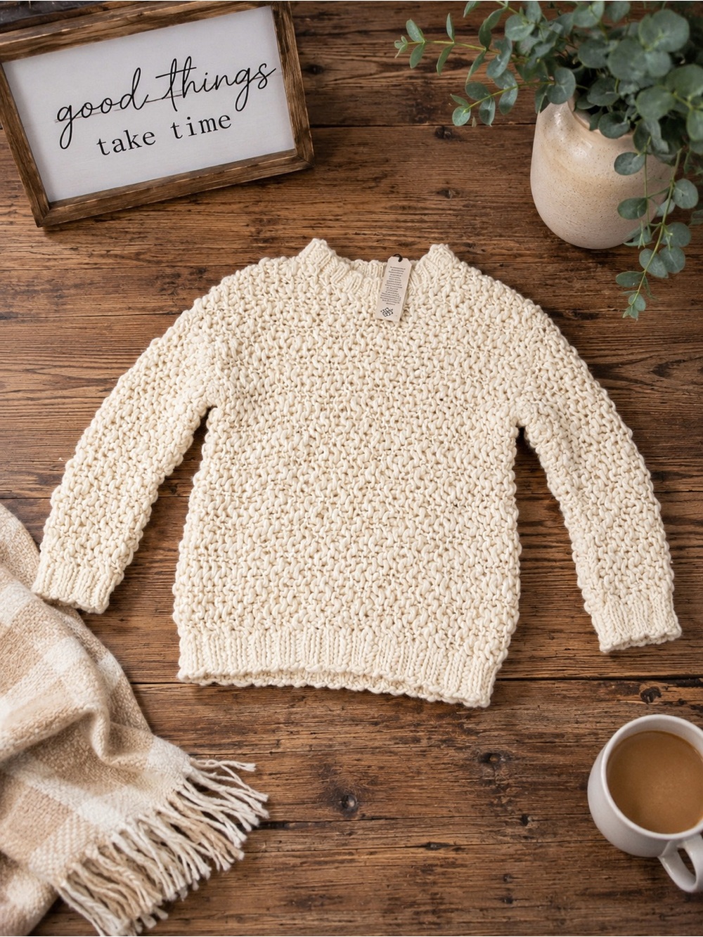 Emilime Handmade in Peru 100% Wool Chunky Knit Sweater Cream Ivory Size Medium